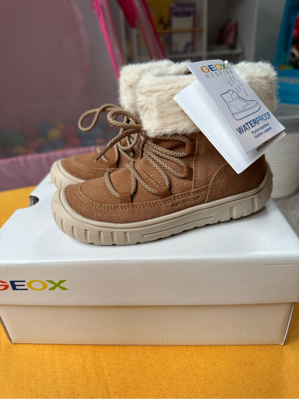 Geox Kids Brown Suede Waterproof Boots with Cream Faux Fur Cuff